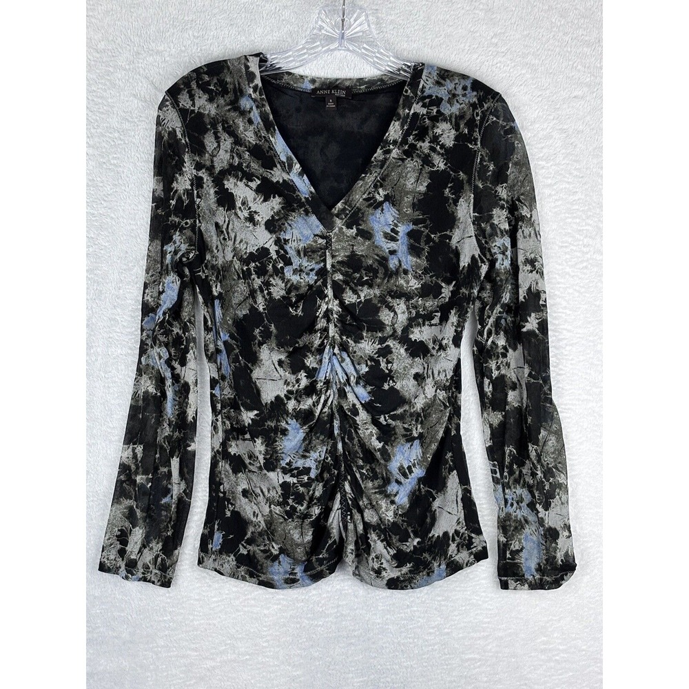 ANNE KLEIN New‎ York Women's 100% Silk Black Blue Long Sleeve Blouse Size S